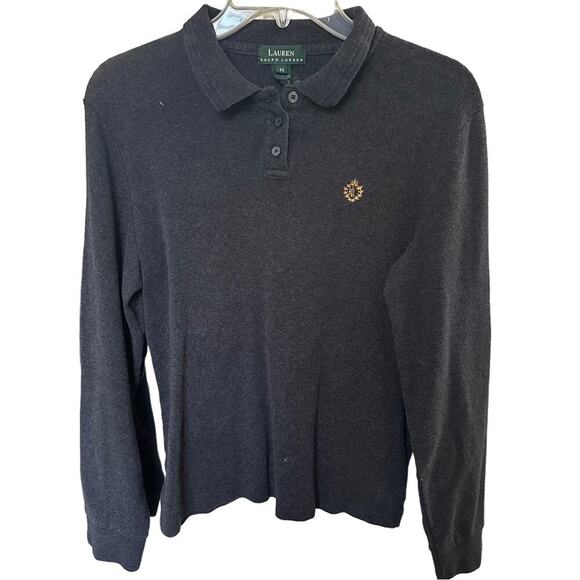 Vintage LRL Gray Long Sleeve Polo Top Cotton size M Green Label - Picture 1 of 6